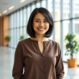 A beautiful Colombian woman aged between 35 and 40, with dark hair styled in a bob haircut, standing full-length