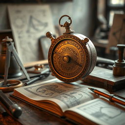 A highly detailed close-up of a vintage, ornate meteran instrument used for measuring in an old workshop
