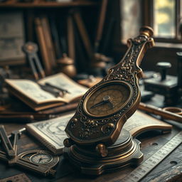 A highly detailed close-up of a vintage, ornate meteran instrument used for measuring in an old workshop