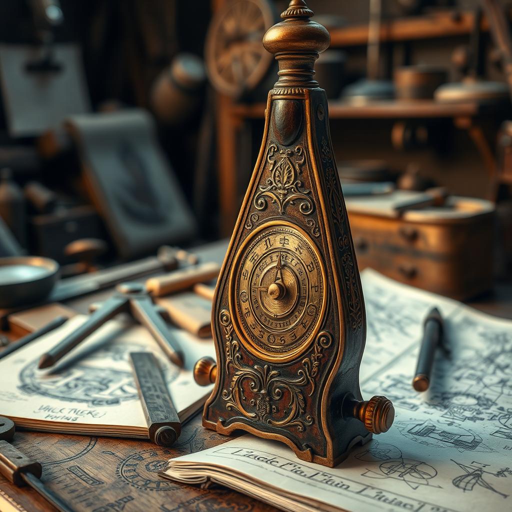 A highly detailed close-up of a vintage, ornate meteran instrument used for measuring in an old workshop