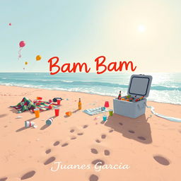 An illustration capturing the aftermath of a lively beach party titled 'Bam Bam' by Juanes Garcia