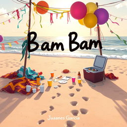 An illustration capturing the aftermath of a lively beach party titled 'Bam Bam' by Juanes Garcia
