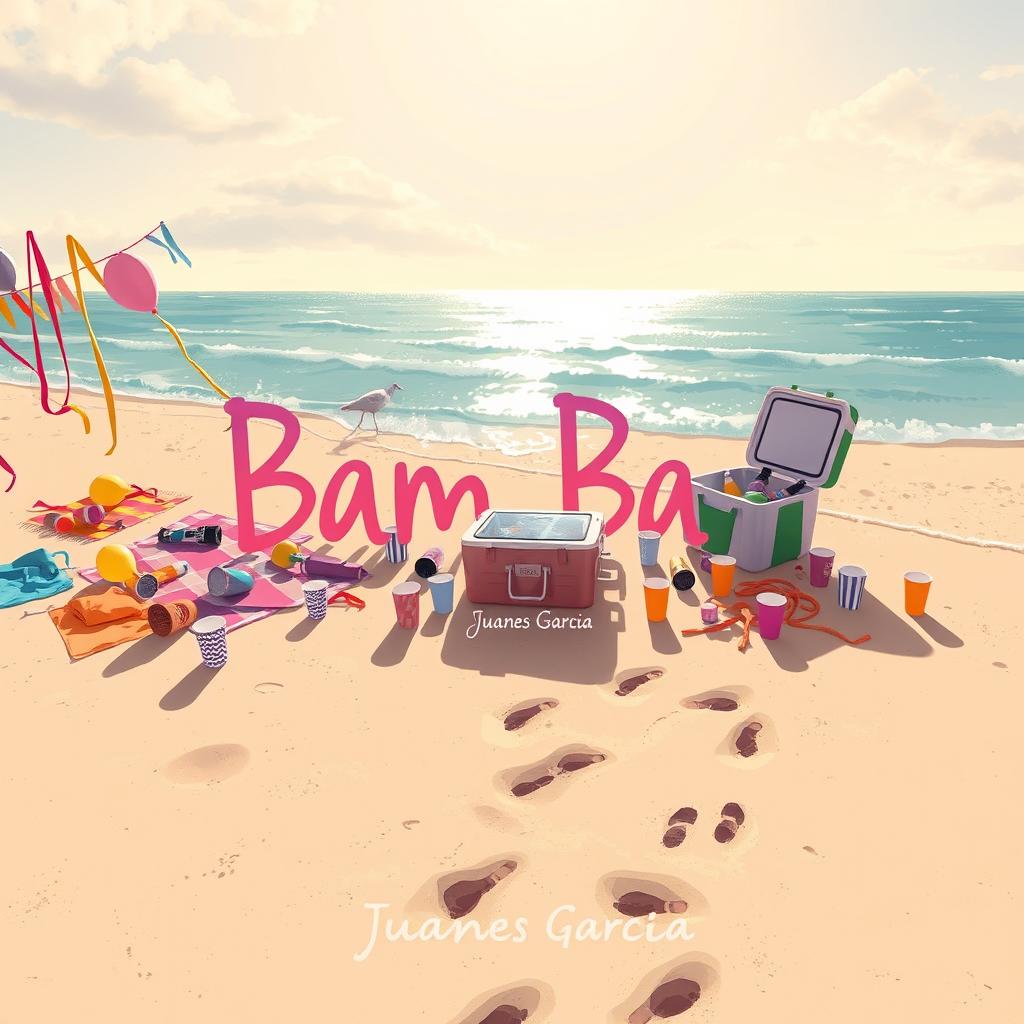 An illustration capturing the aftermath of a lively beach party titled 'Bam Bam' by Juanes Garcia