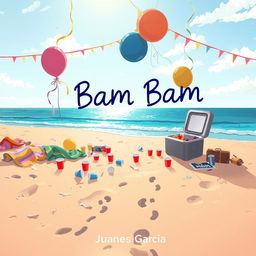 An illustration capturing the aftermath of a lively beach party titled 'Bam Bam' by Juanes Garcia