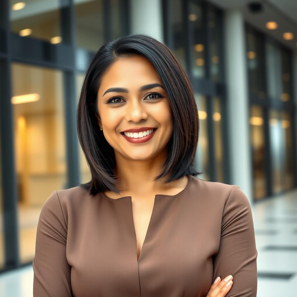 A beautiful Colombian woman aged between 35 and 40, with dark hair styled in a bob haircut, standing full-length