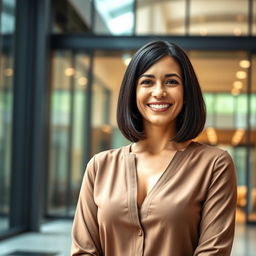 A beautiful Colombian woman aged between 35 and 40, with dark hair styled in a bob haircut, standing full-length