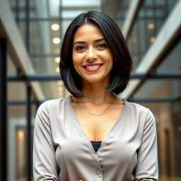A beautiful Colombian woman aged between 35 and 40, with dark hair styled in a bob haircut, standing full-length