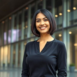 A beautiful Colombian woman aged between 35 and 40, with dark hair styled in a bob haircut, standing full-length
