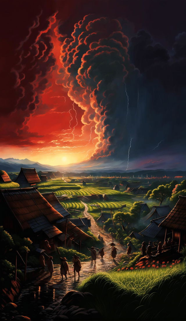 This high-quality digital art captures a dramatic sunset thunderstorm rolling in over a peaceful rural Japanese landscape during the 1600s