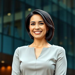 A beautiful Colombian woman aged between 35 and 40, with dark hair styled in a short cut, standing full-length