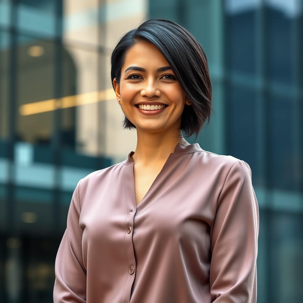 A beautiful Colombian woman aged between 35 and 40, with dark hair styled in a short cut, standing full-length