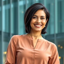 A beautiful Colombian woman aged between 35 and 40, with dark hair styled in a short cut, standing full-length