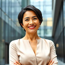A beautiful Colombian woman aged between 35 and 40, with dark hair styled in a short cut, standing full-length