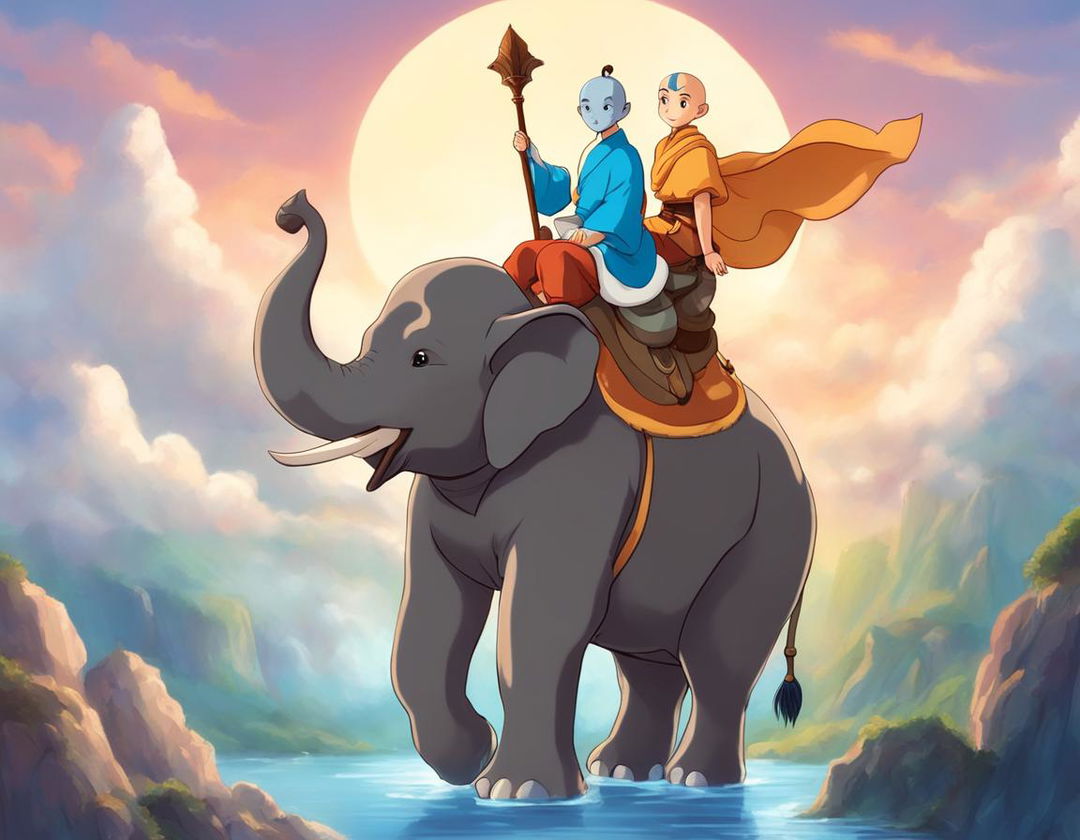 A high-quality Studio Ghibli-style digital art piece featuring Aang, the Last Airbender, riding a majestic elephant against a serene pastel background