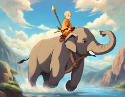 A high-quality Studio Ghibli-style digital art piece featuring Aang, the Last Airbender, riding a majestic elephant against a serene pastel background