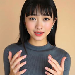 A young cute woman in a close-up portrait, wearing a form-fitting gray ribbed top that accentuates her figure