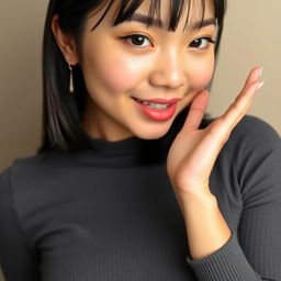 A young cute woman in a close-up portrait, wearing a form-fitting gray ribbed top that accentuates her figure