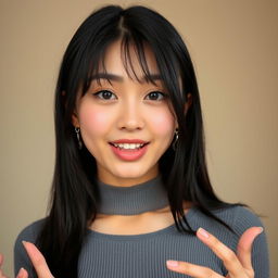 A young cute woman in a close-up portrait, wearing a form-fitting gray ribbed top that accentuates her figure
