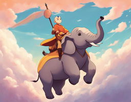 A high-quality Studio Ghibli-style digital art piece featuring Aang, the Last Airbender, riding a majestic elephant against a serene pastel background