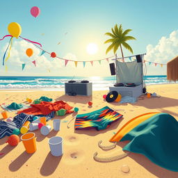 An illustration capturing the aftermath of a lively beach party titled 'Bam Bam' by Juanes Garcia