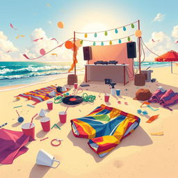An illustration capturing the aftermath of a lively beach party titled 'Bam Bam' by Juanes Garcia
