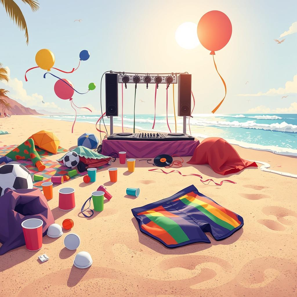 An illustration capturing the aftermath of a lively beach party titled 'Bam Bam' by Juanes Garcia