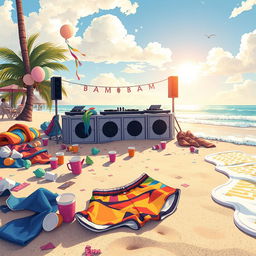 An illustration capturing the aftermath of a lively beach party titled 'Bam Bam' by Juanes Garcia