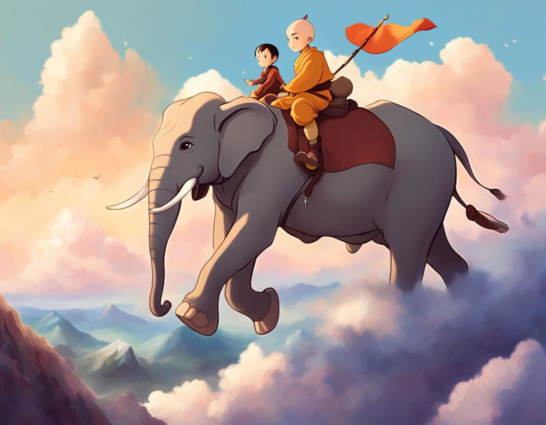 A high-quality Studio Ghibli-style digital art piece featuring Aang, the Last Airbender, riding a majestic elephant against a serene pastel background