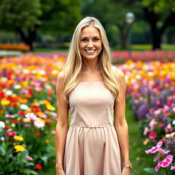 A beautiful American woman aged between 35 and 40, with long blonde hair, standing full-length