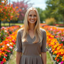 A beautiful American woman aged between 35 and 40, with long blonde hair, standing full-length