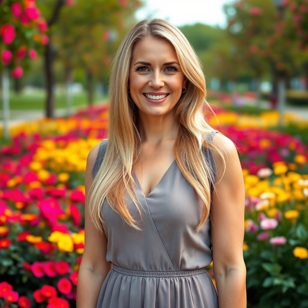 A beautiful American woman aged between 35 and 40, with long blonde hair, standing full-length