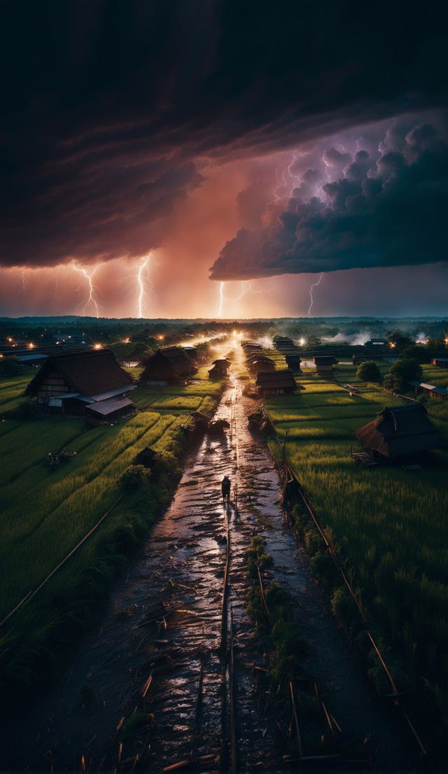 This is an HD, wide-angle photograph captured with a Nikon camera, showcasing a dramatic thunderstorm at sunset in rural Japan during the 1600s