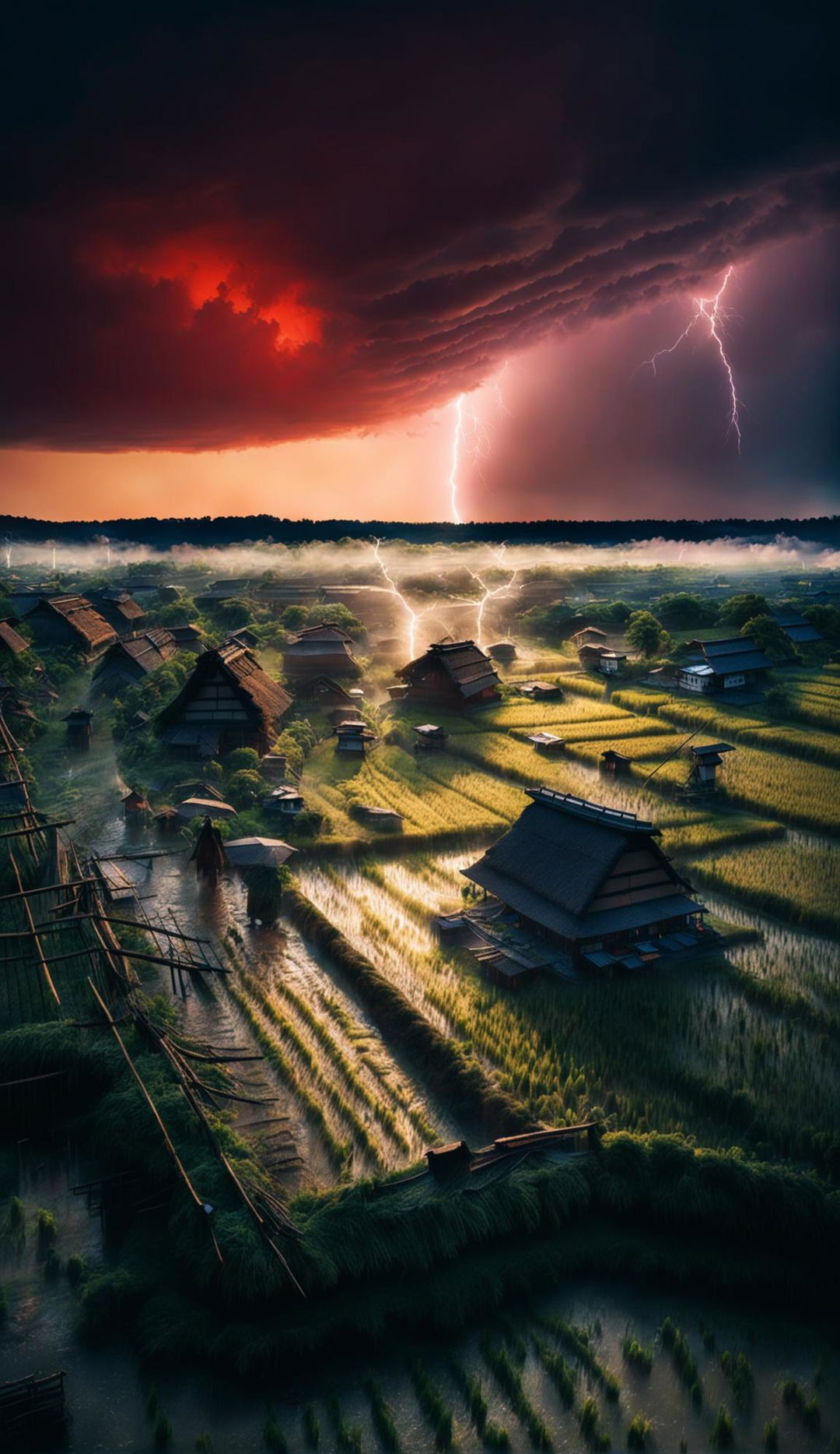 This is an HD, wide-angle photograph taken with a Nikon camera, depicting a dramatic thunderstorm at sunset in rural Japan during the 1600s