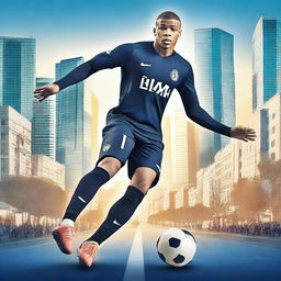 A high-quality, digitally rendered image of Kylian Mbappé in a cityscape setting, showcasing his dual talents in football and entrepreneurship