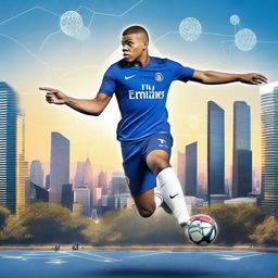 A high-quality, digitally rendered image of Kylian Mbappé in a cityscape setting, showcasing his dual talents in football and entrepreneurship