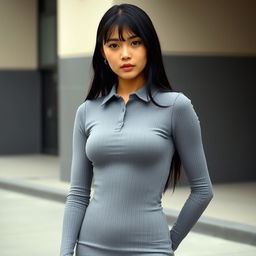 A young woman outdoors, wearing a tight-fitting gray ribbed dress with long sleeves and a small collar that accentuates her figure as it fits snugly around her body