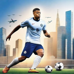 A high-quality, digitally rendered image of Kylian Mbappé in a cityscape setting, showcasing his dual talents in football and entrepreneurship