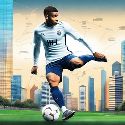 A high-quality, digitally rendered image of Kylian Mbappé in a cityscape setting, showcasing his dual talents in football and entrepreneurship