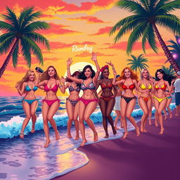 An illustration capturing the vibrant energy of a beach party with a festive rumba atmosphere at the edge of the sea