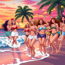 An illustration capturing the vibrant energy of a beach party with a festive rumba atmosphere at the edge of the sea