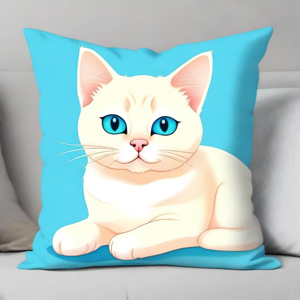 A high-quality digital art piece of a cute, cream-colored cat with bright blue eyes, sitting on a plush cushion