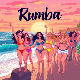 An illustration designed for a YouTube video thumbnail showcasing a vibrant beach party with a lively rumba atmosphere at the edge of the sea