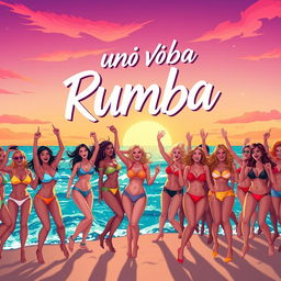 An illustration designed for a YouTube video thumbnail showcasing a vibrant beach party with a lively rumba atmosphere at the edge of the sea