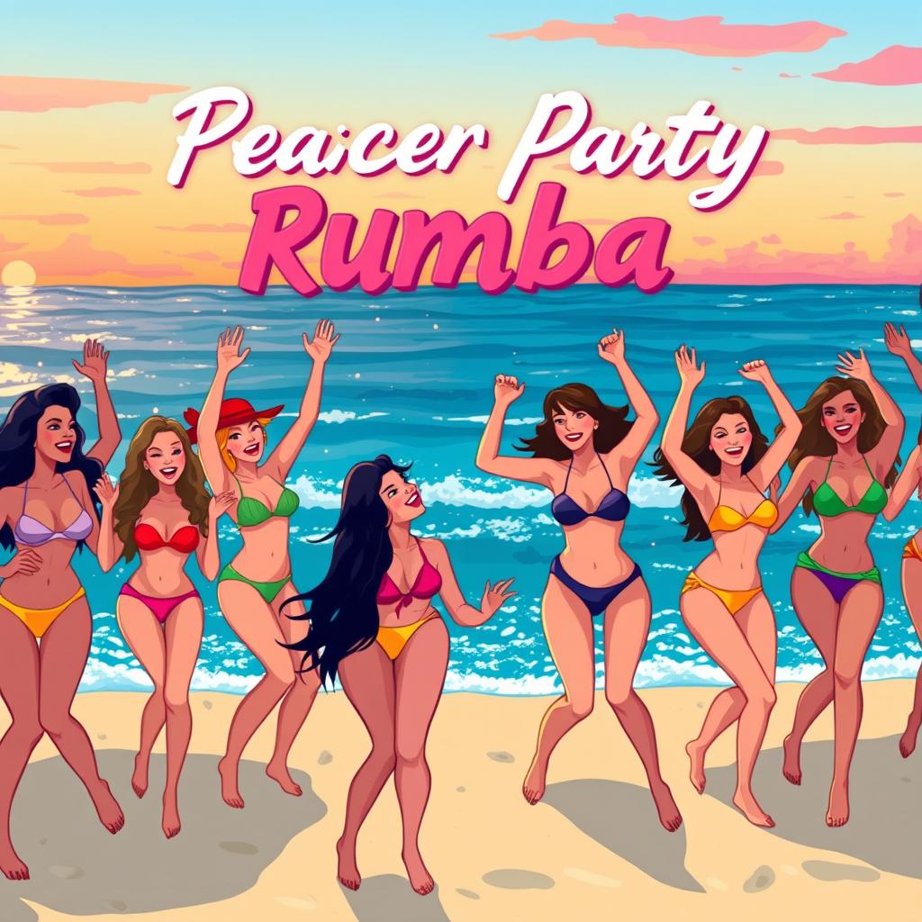 An illustration designed for a YouTube video thumbnail showcasing a vibrant beach party with a lively rumba atmosphere at the edge of the sea