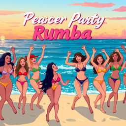 An illustration designed for a YouTube video thumbnail showcasing a vibrant beach party with a lively rumba atmosphere at the edge of the sea