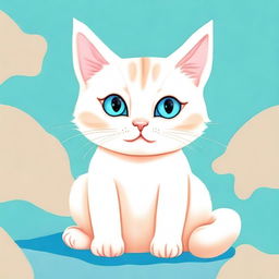 A high-quality digital art piece of a cute, cream-colored cat with bright blue eyes, sitting on a plush cushion