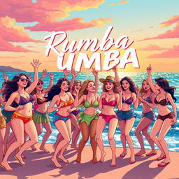 An illustration designed for a YouTube video thumbnail showcasing a vibrant beach party with a lively rumba atmosphere at the edge of the sea