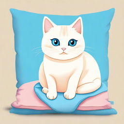 A high-quality digital art piece of a cute, cream-colored cat with bright blue eyes, sitting on a plush cushion