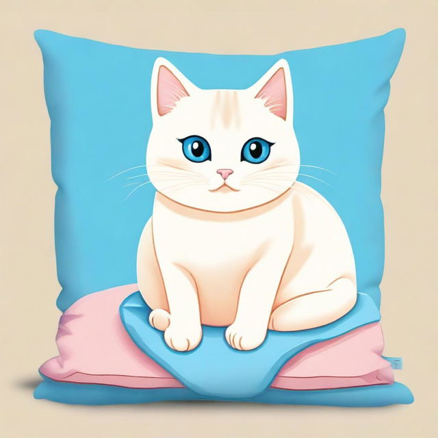 A high-quality digital art piece of a cute, cream-colored cat with bright blue eyes, sitting on a plush cushion