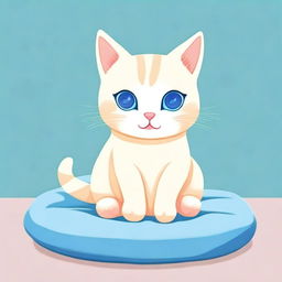 A high-quality digital art piece of a cute, cream-colored cat with bright blue eyes, sitting on a plush cushion